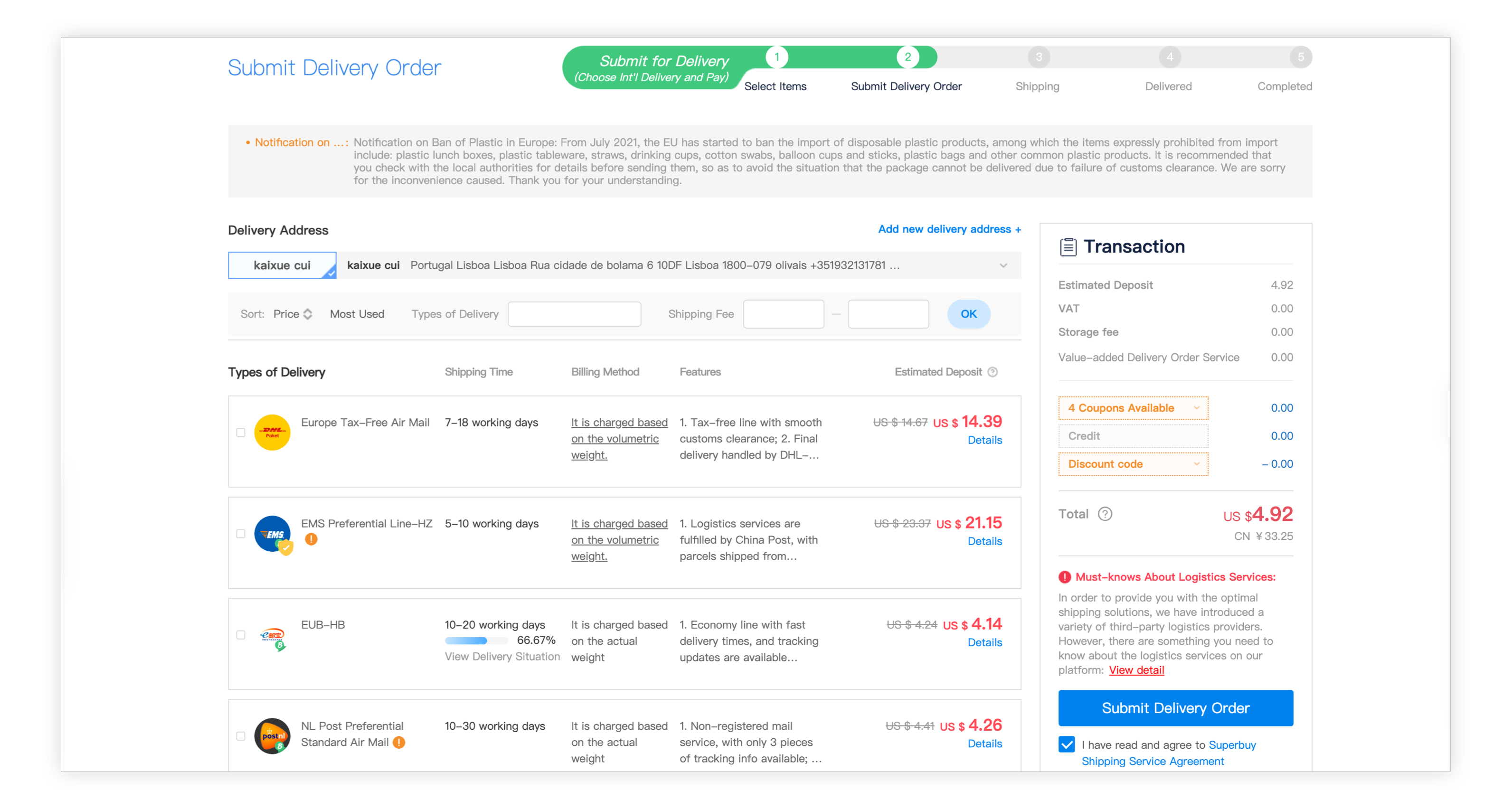 Tutorial oficial: dirección, selección de línea y servicios para enviar el paquete