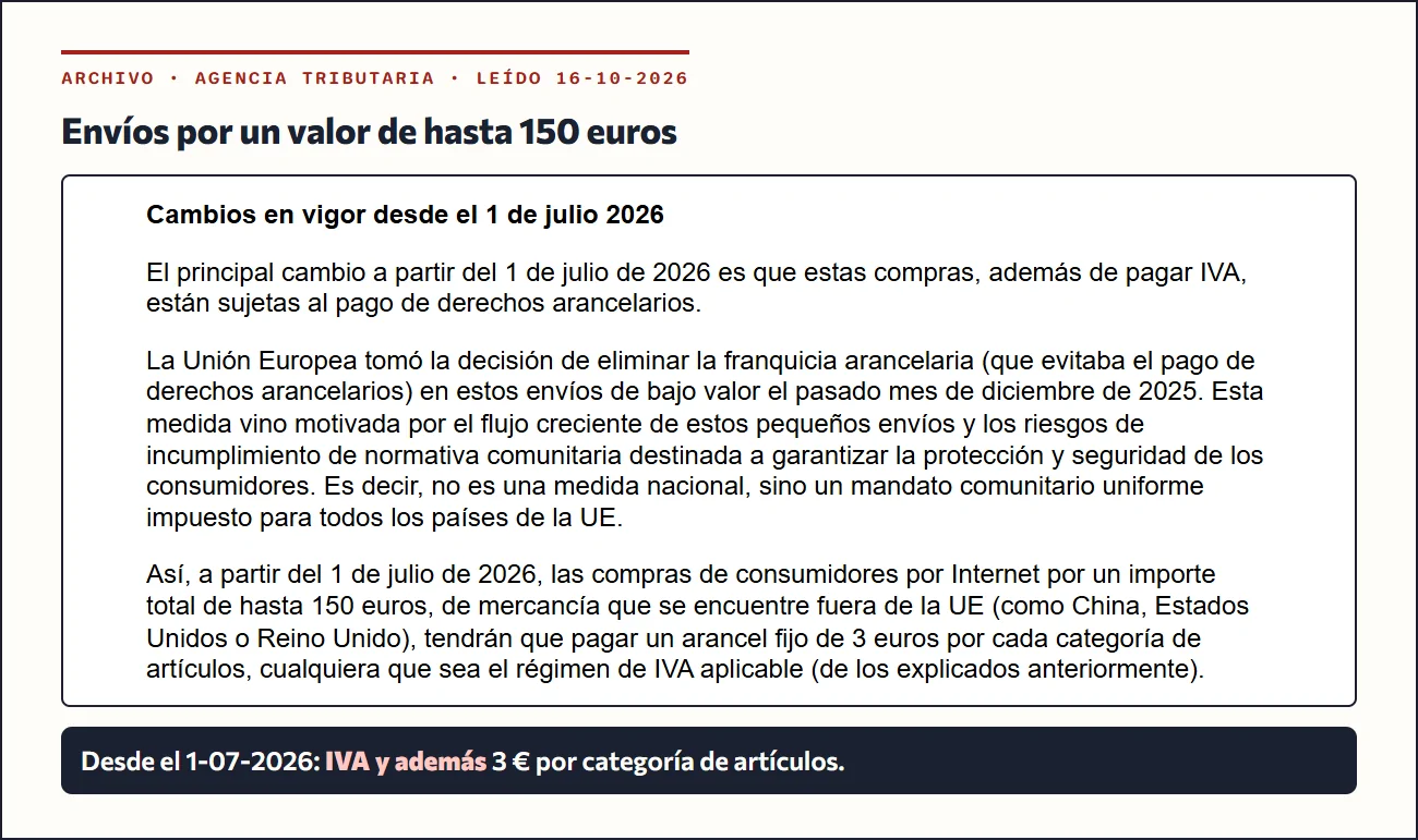 Recorte de la página de la Agencia Tributaria sobre envíos de hasta 150 euros con el apartado de cambios desde el 1 de julio de 2026