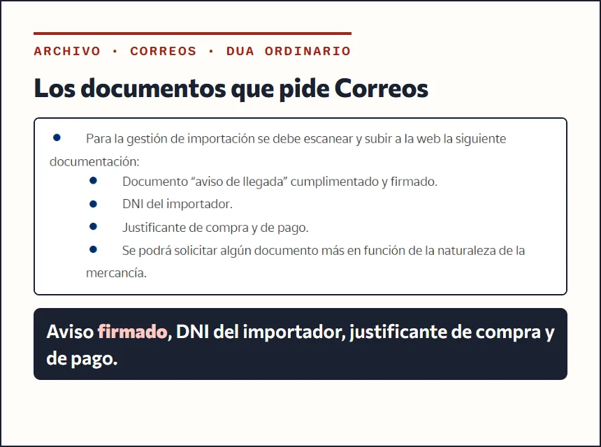 Recorte de la página de Correos sobre el DUA ordinario con la lista de documentos: aviso de llegada firmado, DNI del importador y justificante de compra y de pago