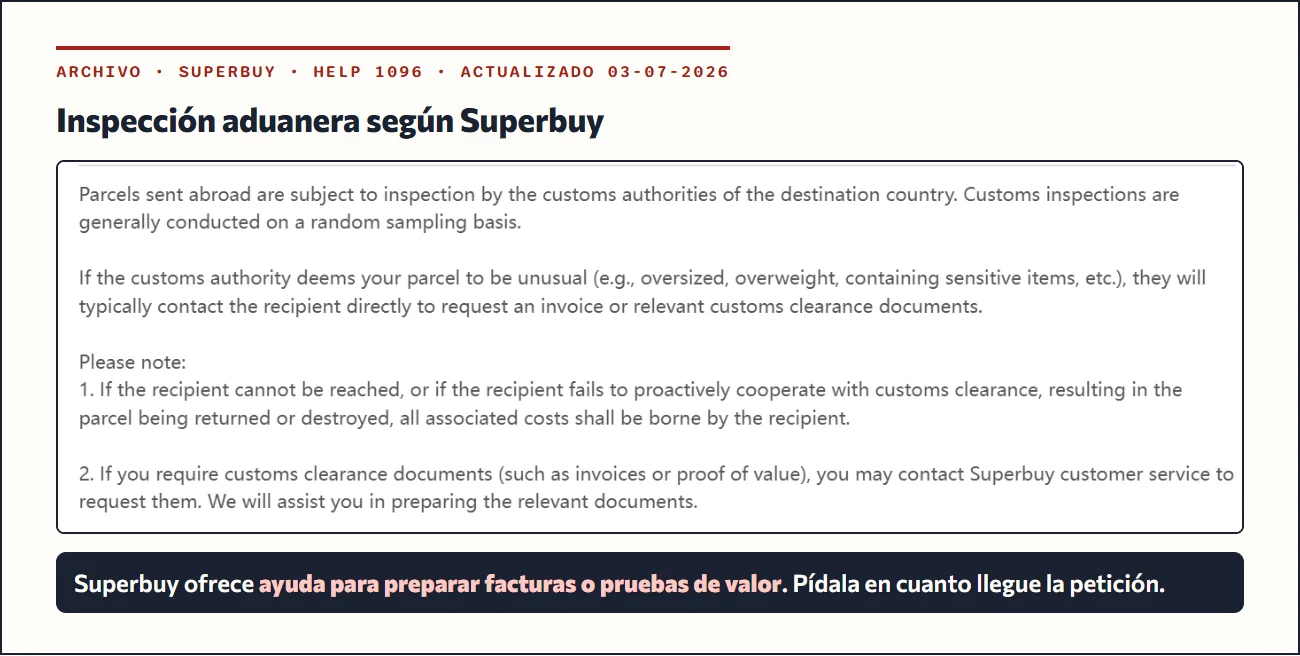 Recorte del artículo 1096 del centro de ayuda de Superbuy sobre inspección aduanera y documentos de despacho