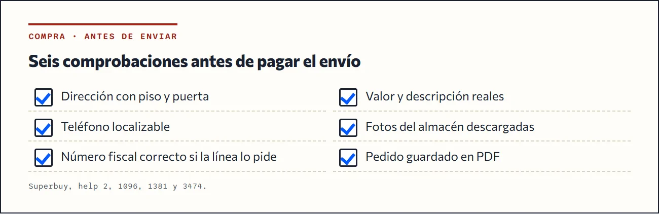 Lista de precauciones antes de enviar: dirección completa, teléfono localizable, número fiscal correcto, valor declarado real y fotos descargadas