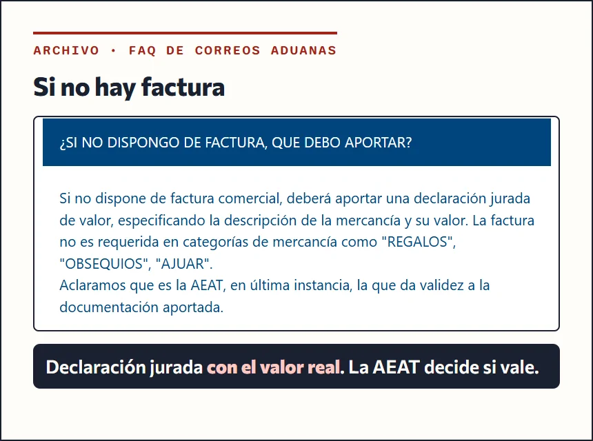 Recorte de la FAQ de Correos Aduanas sobre qué aportar si no se dispone de factura: declaración jurada de valor