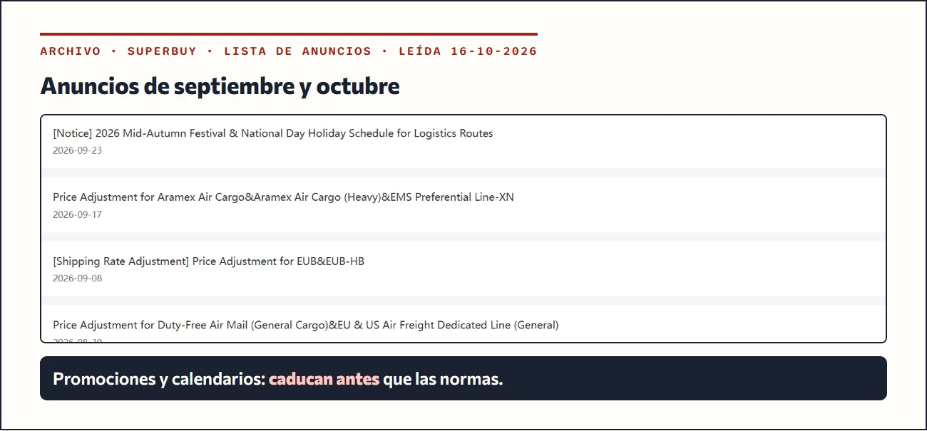 Recorte de la lista de anuncios de Superbuy con los títulos de septiembre y octubre de 2026