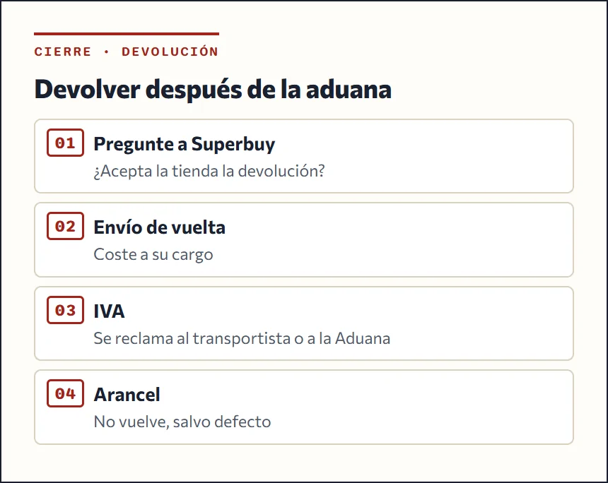 Esquema de una devolución tras la aduana: el IVA se reclama al transportista y el arancel no se recupera salvo defecto