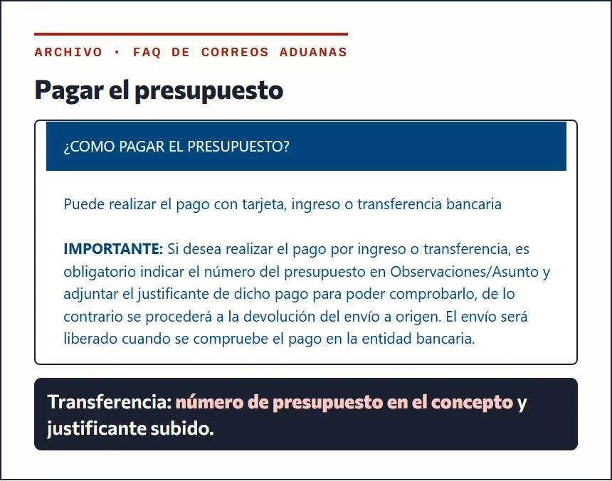 Recorte de la FAQ de Correos Aduanas sobre cómo pagar el presupuesto con tarjeta, ingreso o transferencia