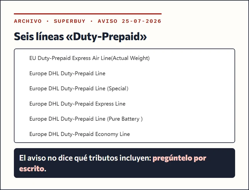 Recorte del aviso de Superbuy del 25 de julio de 2026 con las seis líneas Duty-Prepaid de DHL hacia Europa