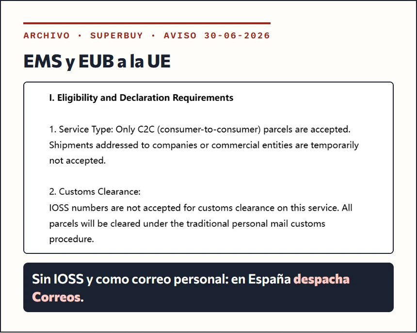 Recorte del aviso de Superbuy del 30 de junio de 2026 sobre EMS y EUB: solo envíos entre particulares y sin números IOSS