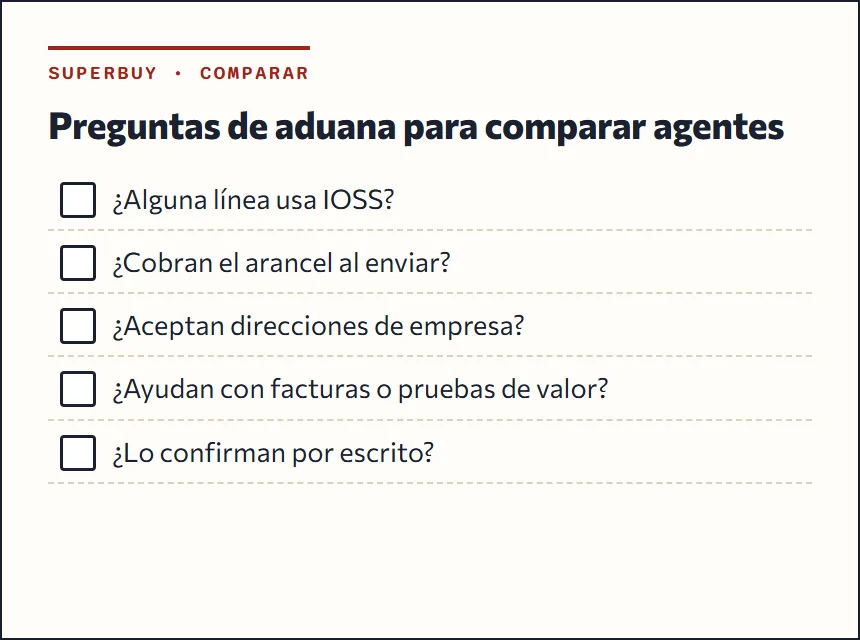 Cuadro con las preguntas para comparar agentes desde España: IOSS, entrega a empresas, ayuda con facturas, cobro del arancel